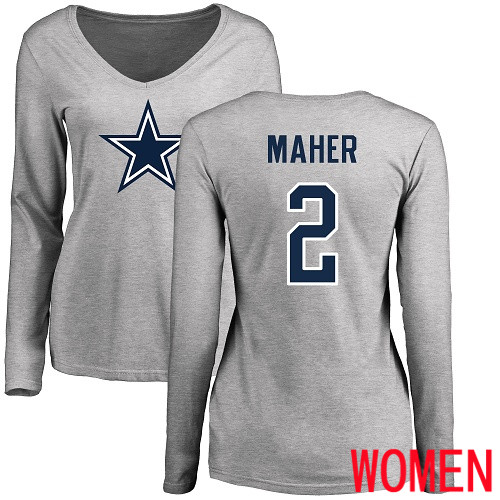 Women Dallas Cowboys Ash Brett Maher Name and Number Logo Slim Fit #2 Long Sleeve Nike NFL T Shirt